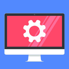 Modern electronic device - flat design monitor or All-in-one-PC vector illustration with gears on the screen sign isolated on blue background.  Technology concept of maintenance cog repair symbol.