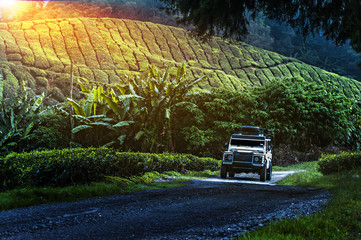 Traveling in the green mountains with off road vehicle