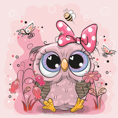Naklejka premium Cute Owl with flowers and butterflies