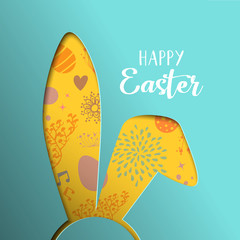 Happy Easter spring card with paper cut bunny ears