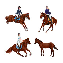 Woman, Girl riding horses Set, isolated. Family equestrian sport training horseback ride.
