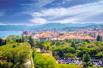 Beautiful street and traditional buildings of Savona, Liguria, Italy