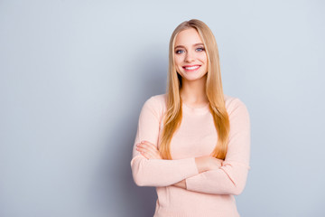 Confidence casual autumn winter spring marketing outfit haircare concept. Portrait of cute glad...