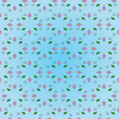 Beautiful floral pattern: pink and green leaves, black spiral on a gentle blue background. Lovely pastel texture, option for textiles, fabrics.