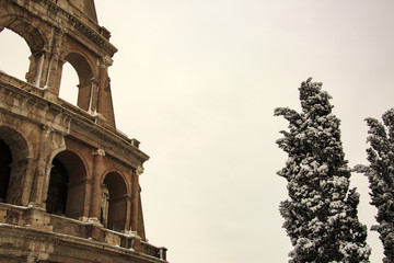 Colosseum and Fori imperiali, snow in Rome 