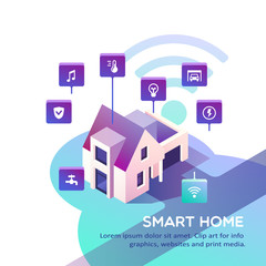 Smart home. Concept of house technology system with centralized control. Isometric vector illustration.
