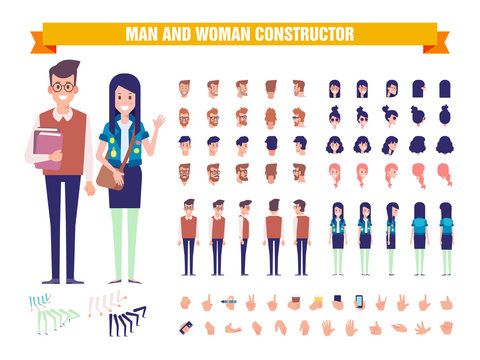 Young guy and girl students character constructor with various views, hairstyles, poses and gestures. Front, side, back view. Cartoon style, flat vector illustration.