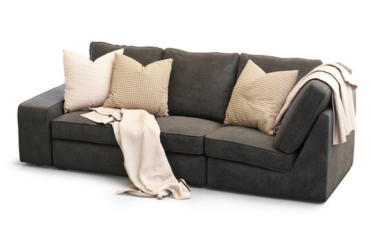 Modern textile Ikea Kivik sofa with gold pillows. 3d render
