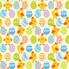 Yellow wallpaper with yellow chickens in different poses in colorful eggs. Suitable for easter. Pattern. Vector.