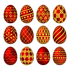A set of red Easter eggs with patterns