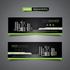 Banner with black and green abstract design and skyscrapers