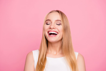 Close up portrait of delightful rejoicing funny funky comedian comic cute lovely humorous joyful with toothy beaming smile businesswoman manager worker isolated on bright background copy-space