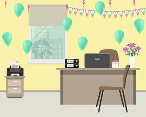Yellow office, decorated for the employee's birthday. There is a desk, a chair, a printer in the image. Also there are green balloons, flags 