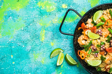 Freshly prepared spanish seafood paella in pan