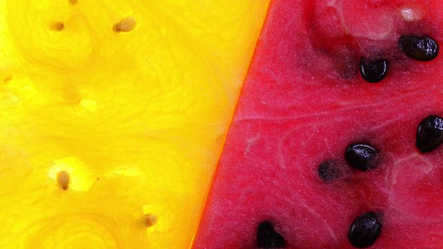 Red and yellow watermelon closeup rotating in 4K. Refreshing and juicy healthy fruit. Colorful sweet dessert. Top view.
