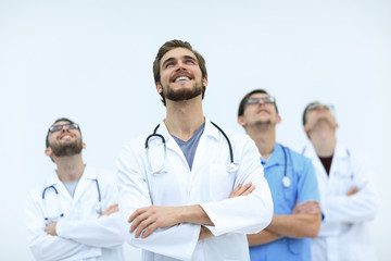 Fototapeta premium talented doctor looking at the top, on the copy space