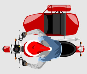 Santa on classic sidecar motorcycle top view isolated color vector illustration
