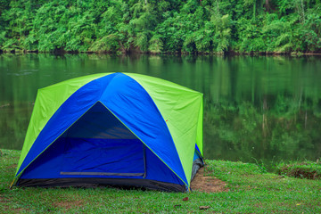 Camping and tent near river with view mountain