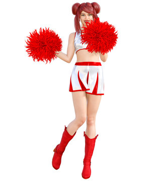 3D beautiful red hair cheerleader skirt and long boots.Bright makeup.Woman studio photography.High heel.Conceptual fashion art.Seductive candid pose.Render illustration.