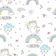 cute unicorn on a pink backgroun. vector pattern