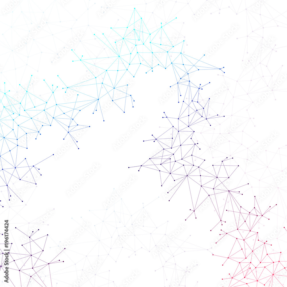 Poster colorful graphic illustration molecule and communication. connected lines with dots for your design