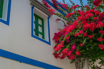 Colorful view with red flowers and a white house in the town Puerto de Mogan , Gran Canaria, Canary Islands, Spain