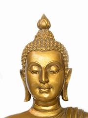 Golden antique buddha statue on the white background (isolated background). The face of the Buddha turned to the straight.