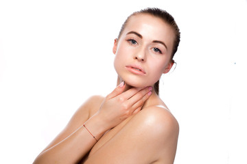 Woman beauty face portrait isolated on white with healthy skin