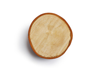 Large circular piece of wood cross section with tree ring texture pattern and cracks isolated clipping mask on white background with path, top view. Detailed organic surface from nature