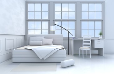 White bed room decor with tree in glass vase, pillows, blanket, window, sky, lamp,desk,book,bed,bolster,chair,
, white wall it is pattern,The sun shines through the window into the shadows. 3d render