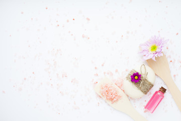Spa and natural cosmetic concept. Composition of spa treatment for beauty and skincare on the white background. Top view. Close up.