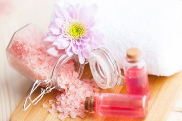 Spa and natural cosmetic concept. Composition of spa treatment for beauty and skincare on the wooden background. Top view. Close up.