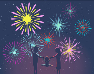 A happy family, parents with their child, celebrating and watching colorful and sparkling fireworks with stars in the night sky. Vector EPS 10 Illustration.