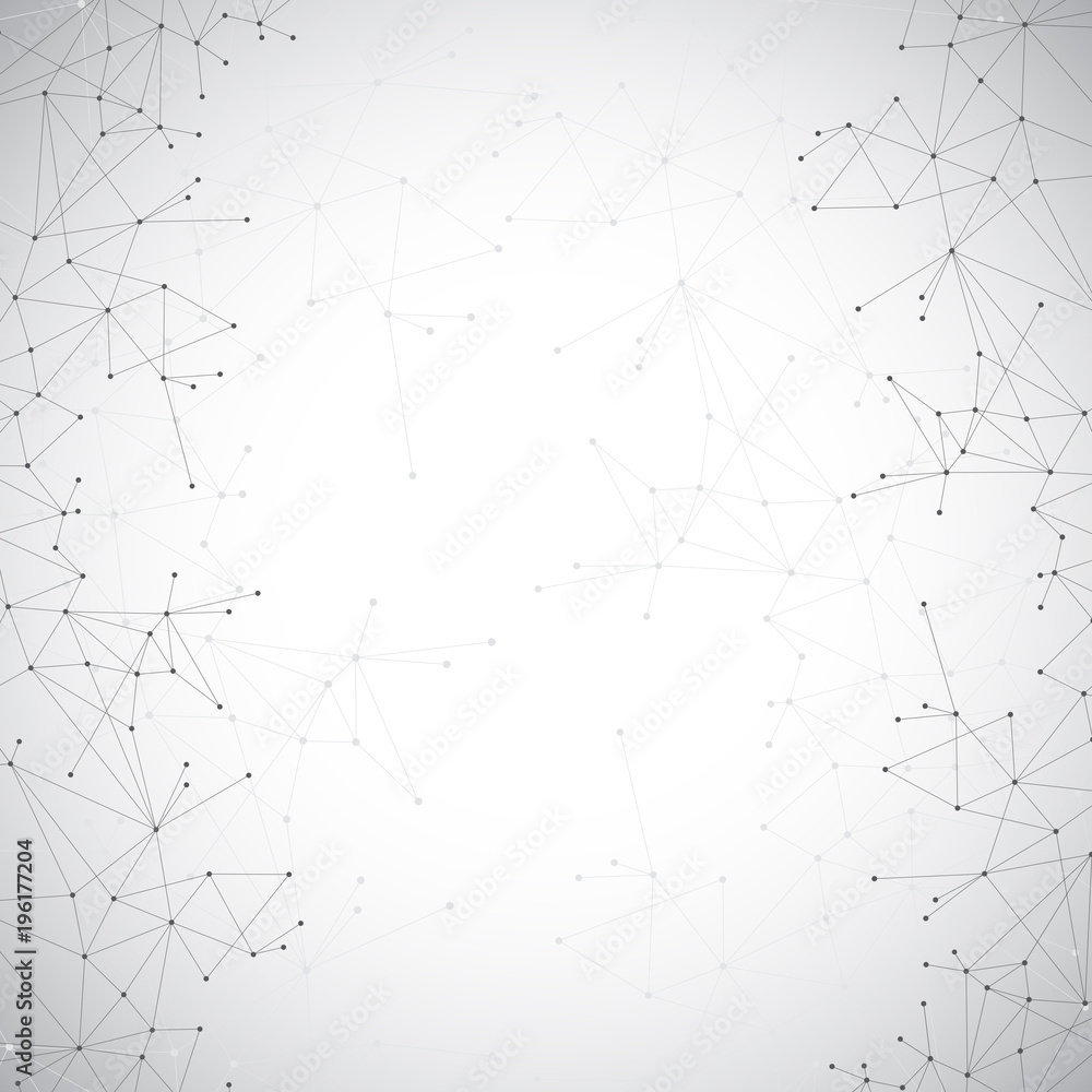 Poster Graphic abstract background communication. Geometric scientific pattern with compounds. Minimal array lines and dots. Lines plexus. Digital data visualization. Scientific illustration.