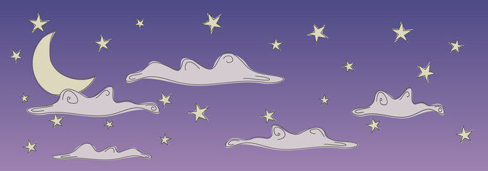 A colorful doodle about night sky with moon, stars and clouds made by hand. Line art. Vector EPS 10 Illustration.