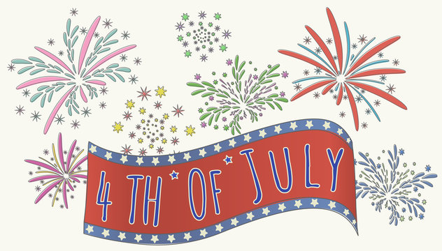 Retro vintage invitation poster of 4th of July day with floral fireworks painted by hand in paper and a banner announcing the feast. Vector EPS 10 Illustration.