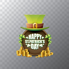 vector happy saint patricks day label or poster with green hat, lucky clovers and vintage wooden board isolated on transparent background. vector patricks day banner