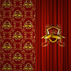 Elegant gold shield with gold crown, filigree decor on ornate background. Luxury floral seamless pattern, monogram, blazon in vintage style for page, site design, vip card. Vector illustration.