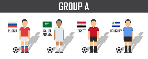 Soccer cup 2018 team group A . Football players with jersey uniform and national flags . Vector for international world championship tournament