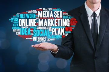 Online marketing words cloud presented by a man