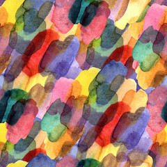 seamless pattern with watercolor brush blots. Rainbow watercolor color on violet background. Hand painted grange texture. Ink geometric elements. Fashion modern style. Endless fabric print.