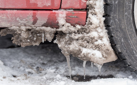 Dirty Snow And Icicles On Cars