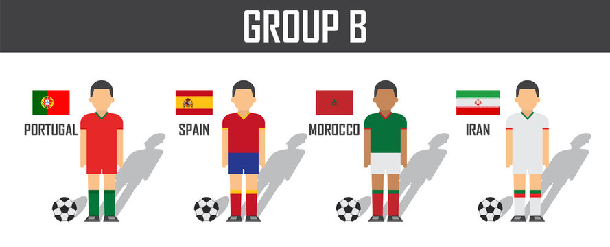 Soccer cup 2018 team group B . Football players with jersey uniform and national flags . Vector for international world championship tournament
