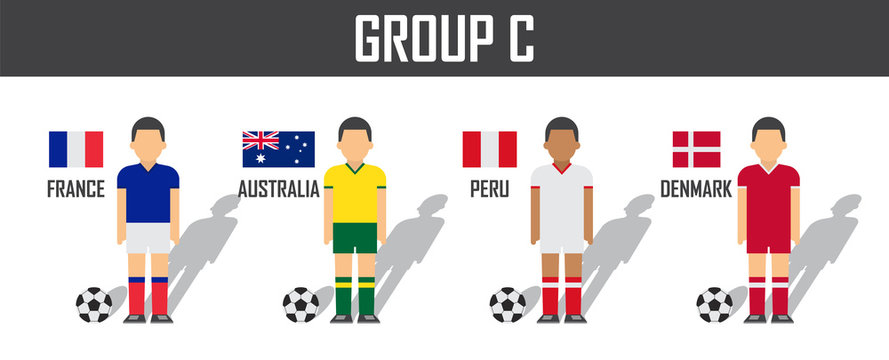 Soccer cup 2018 team group C . Football players with jersey uniform and national flags . Vector for international world championship tournament