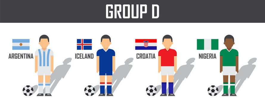 Soccer cup 2018 team group D . Football players with jersey uniform and national flags . Vector for international world championship tournament