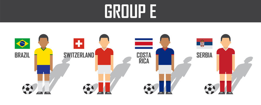 Soccer cup 2018 team group E . Football players with jersey uniform and national flags . Vector for international world championship tournament