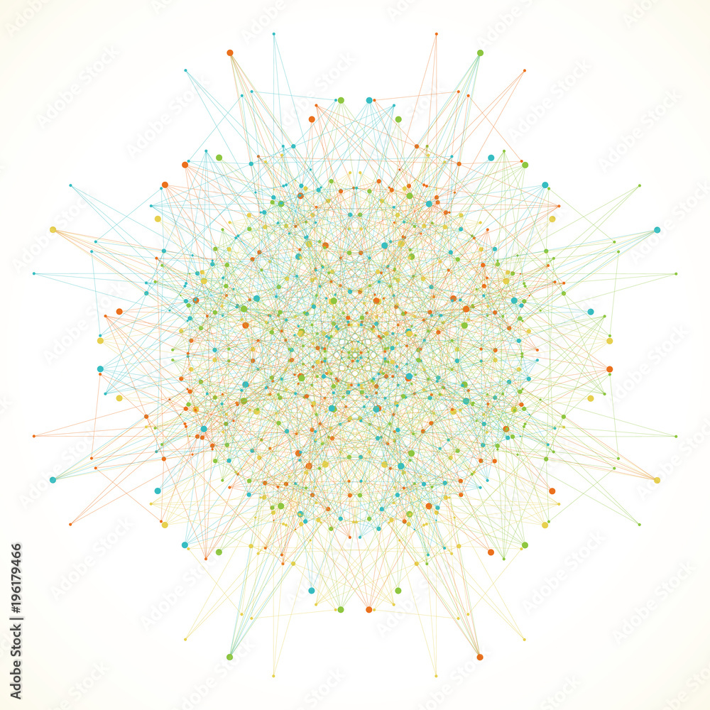 Poster Geometric abstract round form with connected line and dots. Minimalism chaotic illustration background. Linear sign, symbol. Graphic composition for medicine, science, technology, chemistry