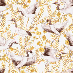 Hand drawn watercolor seamless pattern with wild cranes and golden sakura plants. Chinoserie style.