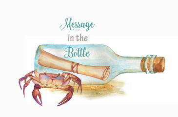 Hand drawn watercolor illustration with sea crab and message in the bottle. Marine drawing, text template for the card, banner.