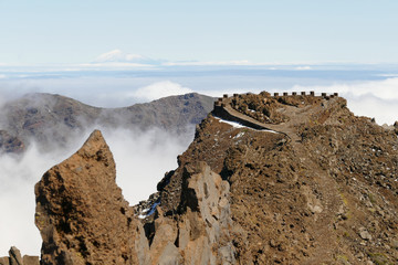 Fototapeta na wymiar Landscape in clouds in the Caldera de Taburiente National Park at Roque de los Muchachos